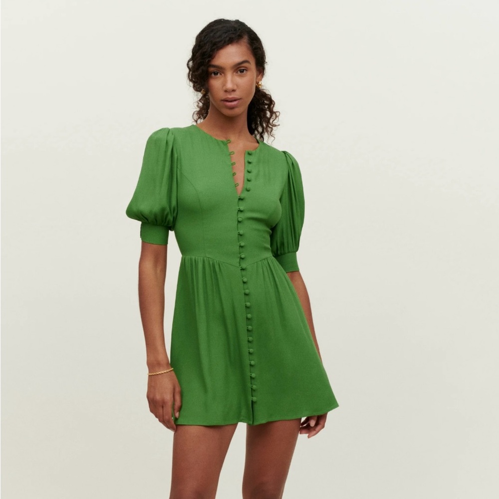 Reformation Green Puff Sleeve Mini Dress